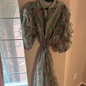 Pankaj & Nidhi Anthropologie Floral Ruffle Sleeve Dress - Green and Pink